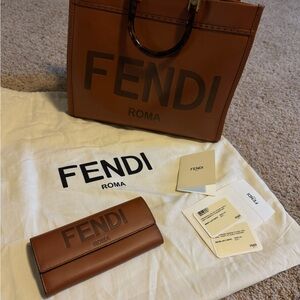 Fendi Brown Leather Tote and Wallet Set